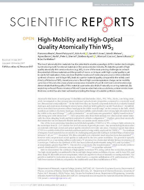 High-Mobility and High-Optical Quality Atomically Thin WS 2 Thumbnail