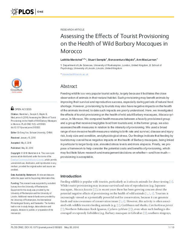 Assessing the Effects of Tourist Provisioning on the Health of Wild Barbary Macaques in Morocco Thumbnail