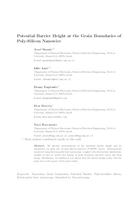 Potential barrier height at the grain boundaries of a poly-silicon nanowire Thumbnail