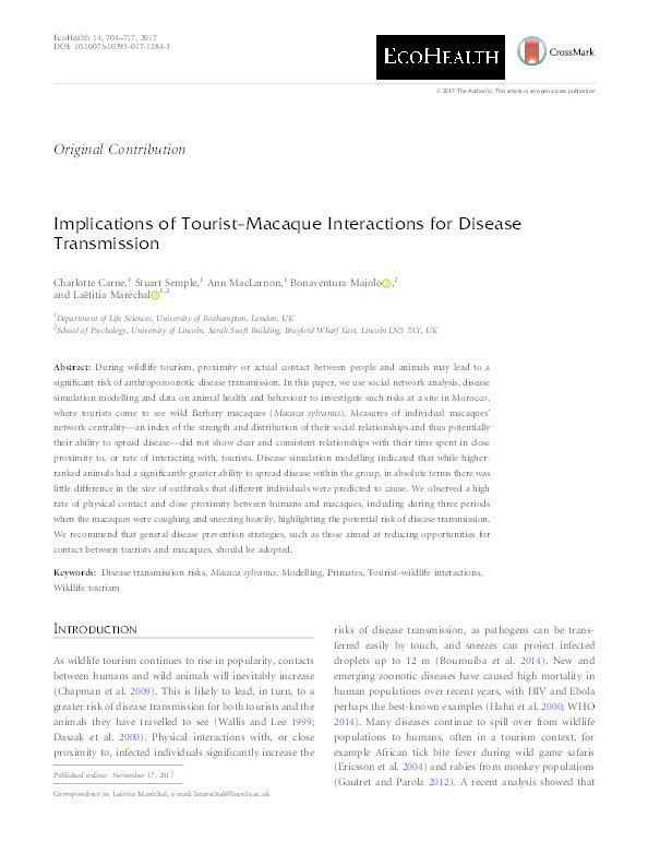 Implications of Tourist-Macaque Interactions for Disease Transmission Thumbnail