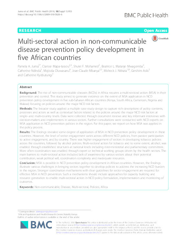 Multi-sectoral action in non-communicable disease prevention policy development in five African countries Thumbnail