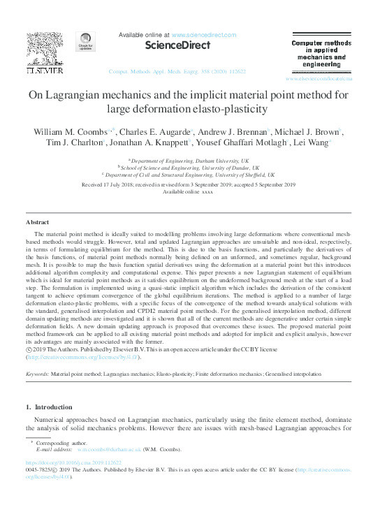 On Lagrangian mechanics and the implicit material point method for large deformation elasto-plasticity Thumbnail