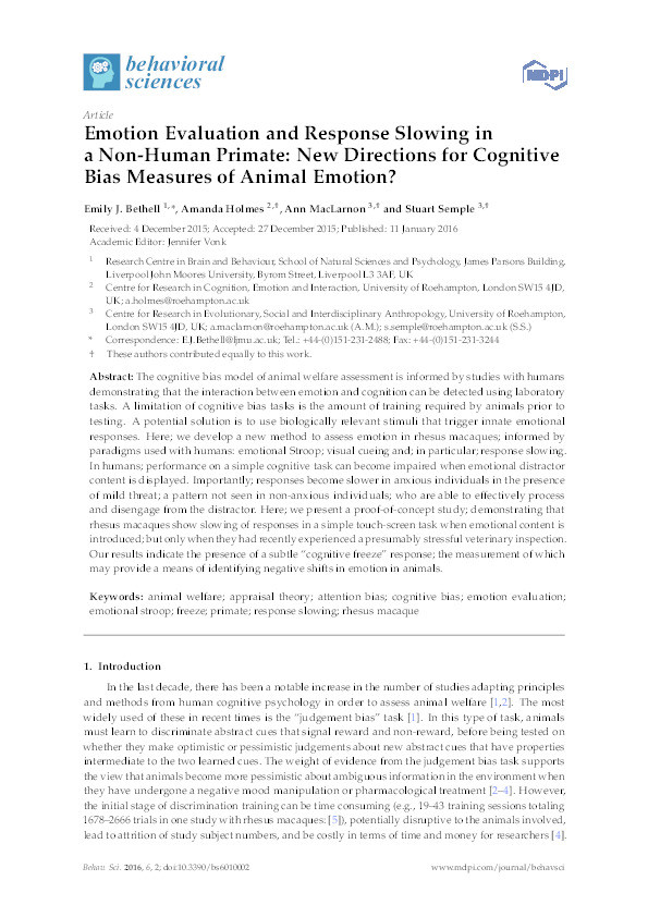 Emotion Evaluation and Response Slowing in a Non-Human Primate: New Directions for Cognitive Bias Measures of Animal Emotion? Thumbnail
