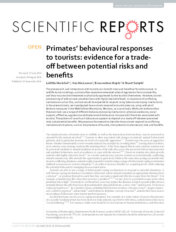 Primates' behavioural responses to tourists: evidence for a tradeoff between potential risks and benefits Thumbnail