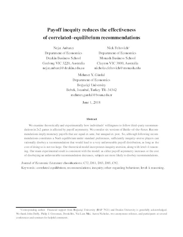 Payoff inequity reduces the effectiveness of correlated-equilibrium recommendations Thumbnail