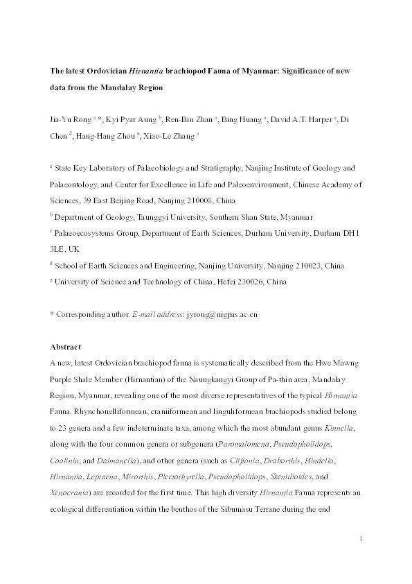 The latest Ordovician Hirnantia brachiopod fauna of Myanmar: Significance of new data from the Mandalay Region Thumbnail