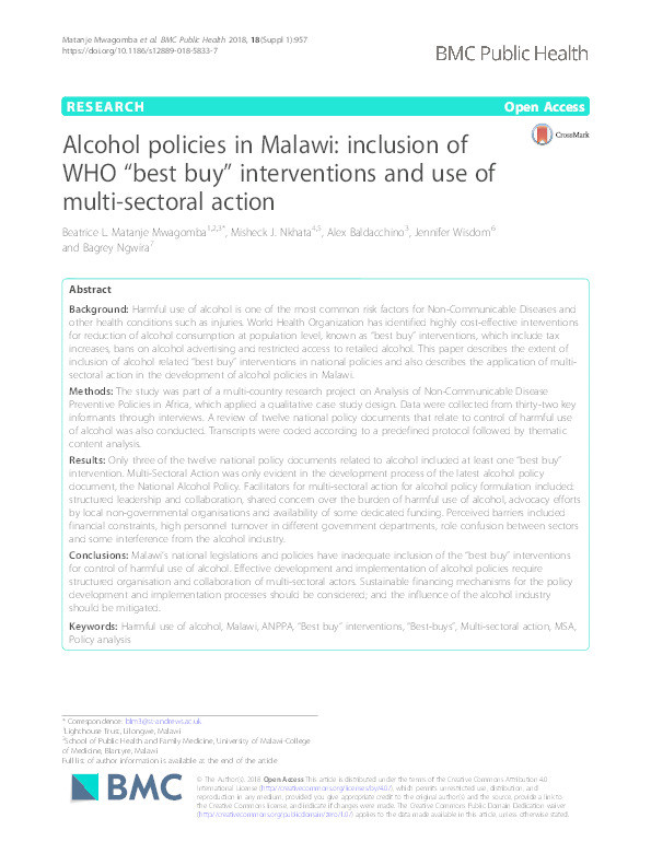 Alcohol policies in Malawi: inclusion of WHO “best buy” interventions and use of multi-sectoral action Thumbnail