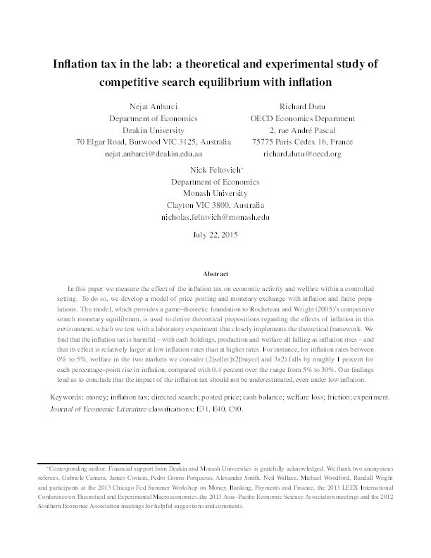 Inflation tax in the lab: a theoretical and experimental study of competitive search equilibrium with inflation Thumbnail