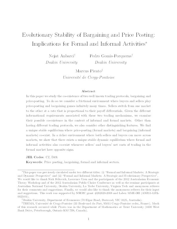 Evolutionary stability of bargaining and price posting: implications for formal and informal activities Thumbnail