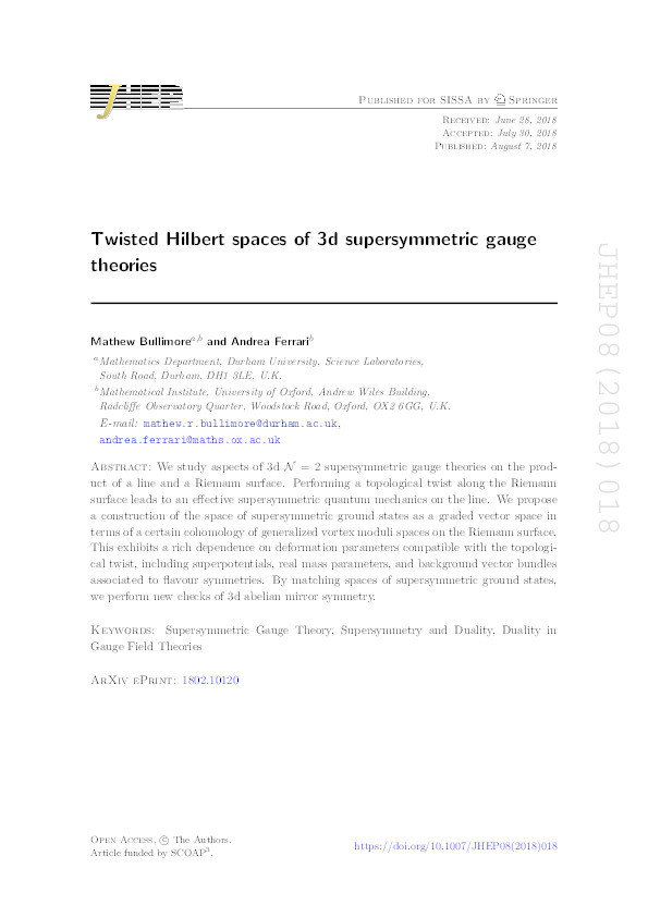 Twisted Hilbert spaces of 3d supersymmetric gauge theories Thumbnail