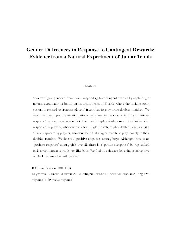 Gender differences in response to contingent rewards: Evidence from a natural experiment of junior tennis Thumbnail