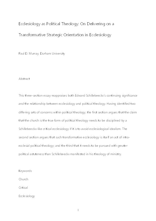 Ecclesiology as Political Theology: On Delivering on a Transformative Strategic Orientation in Ecclesiology Thumbnail