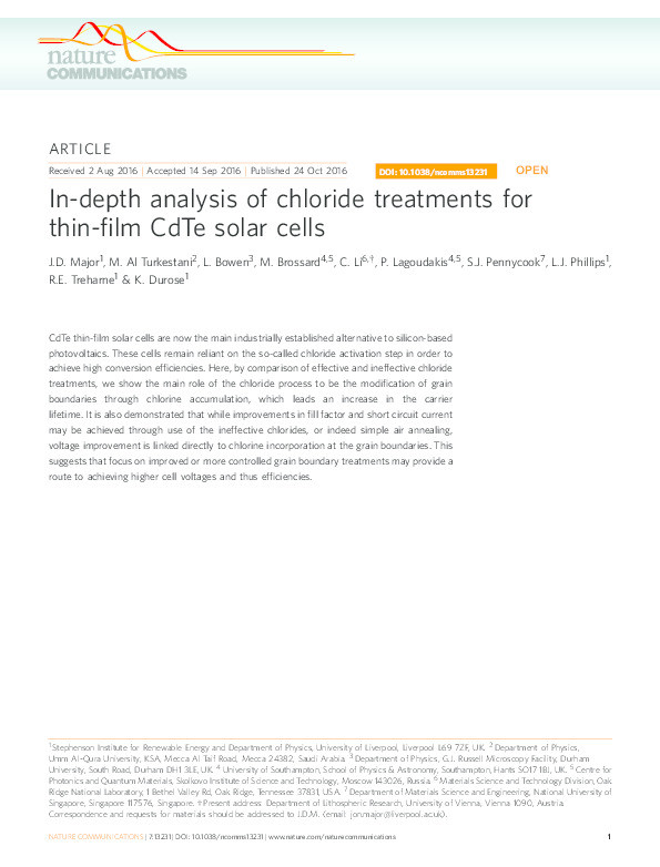 In-depth analysis of chloride treatments for thin-film CdTe solar cells Thumbnail