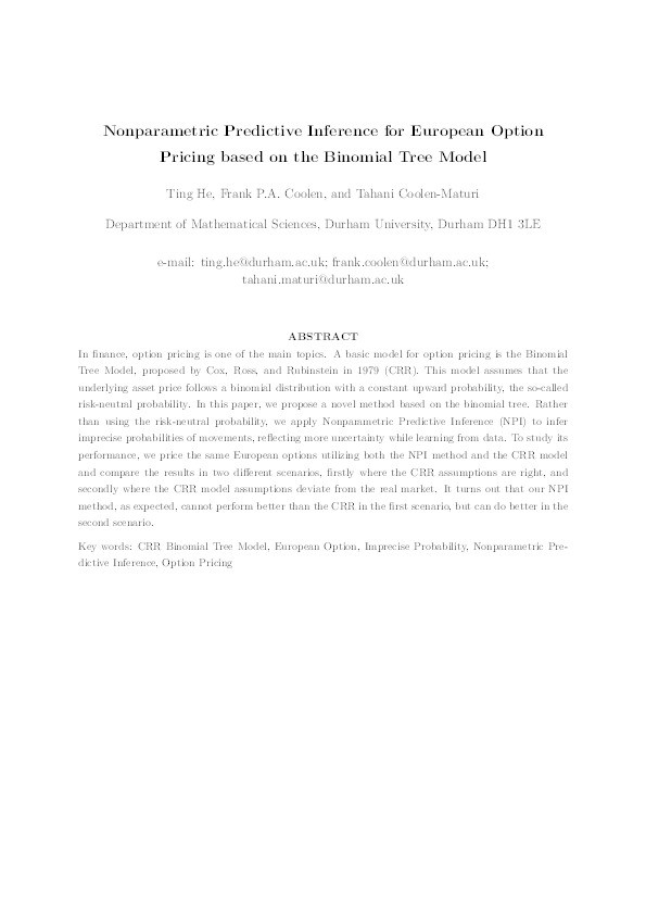 Nonparametric Predictive Inference for European Option Pricing based on the Binomial Tree Model Thumbnail