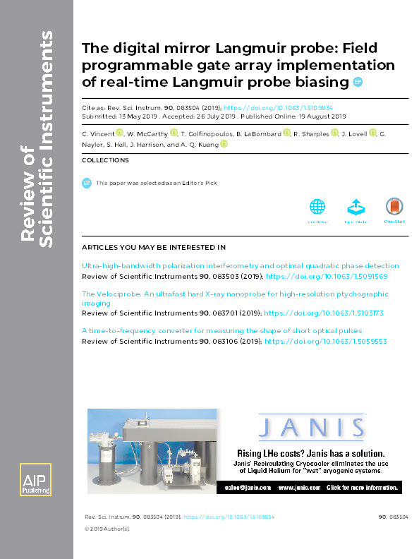 The digital mirror Langmuir probe: Field programmable gate array implementation of real-time Langmuir probe biasing Thumbnail