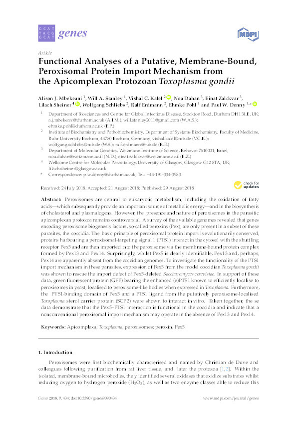 Functional analyses of a putative, membrane-bound, peroxisomal import mechanism from the apicomplexan protozoan Toxoplasma gondii Thumbnail