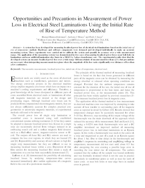 Opportunities and Precautions in Measurement of Power Loss in Electrical Steel Laminations Using the Initial Rate of Rise of Temperature Method Thumbnail