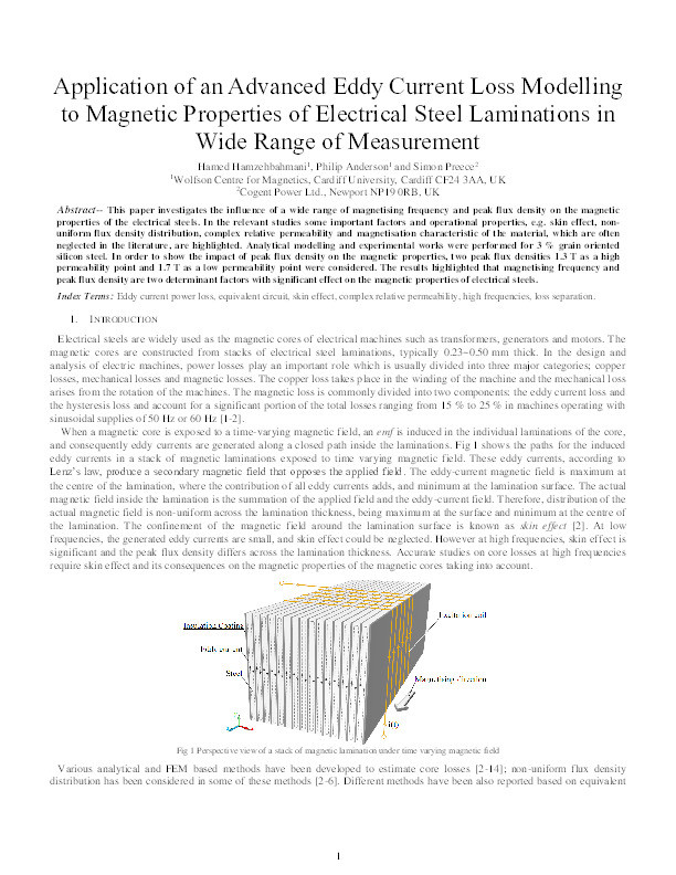 Application of an advanced eddy-current loss modelling to magnetic properties of electrical steel laminations in a wide range of measurements Thumbnail
