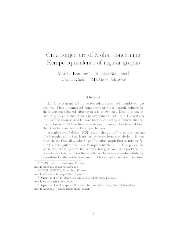 On a conjecture of Mohar concerning Kempe equivalence of regular graphs Thumbnail
