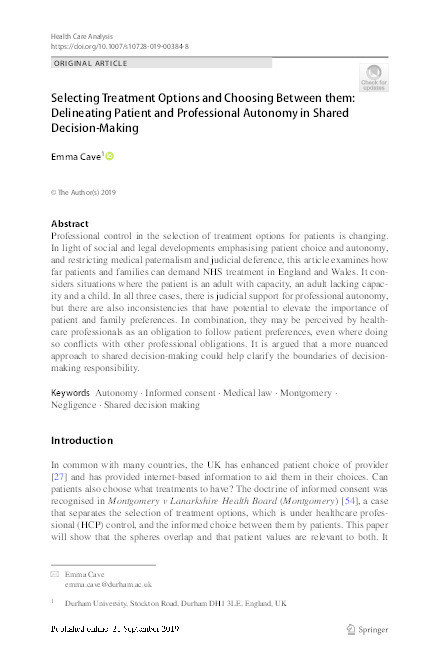 Selecting Treatment Options and Choosing Between them: Delineating Patient and Professional Autonomy in Shared Decision-Making Thumbnail