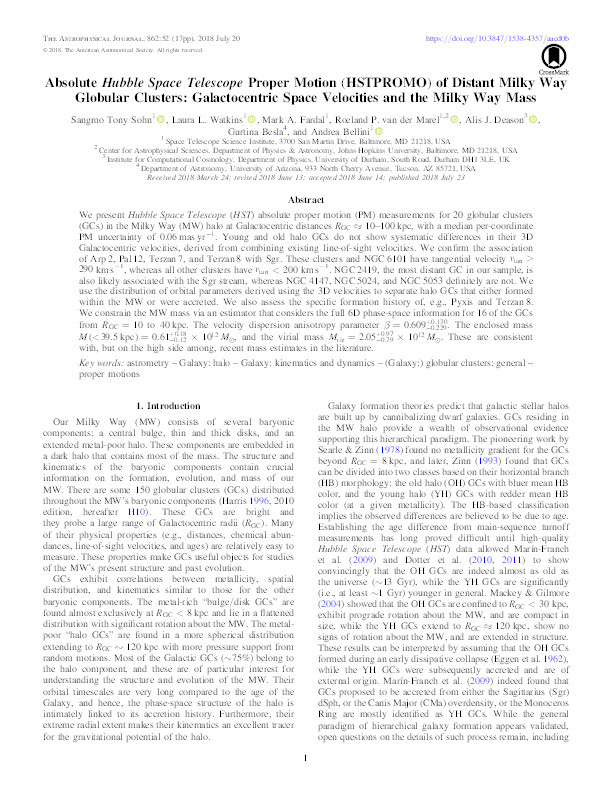 Absolute Hubble Space Telescope Proper Motion (HSTPROMO) of Distant Milky Way Globular Clusters: Galactocentric Space Velocities and the Milky Way Mass Thumbnail