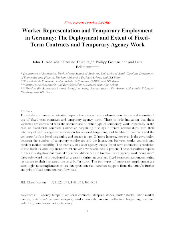Worker representation and temporary employment in Germany: The deployment and extent of fixed-term contracts and temporary agency work Thumbnail