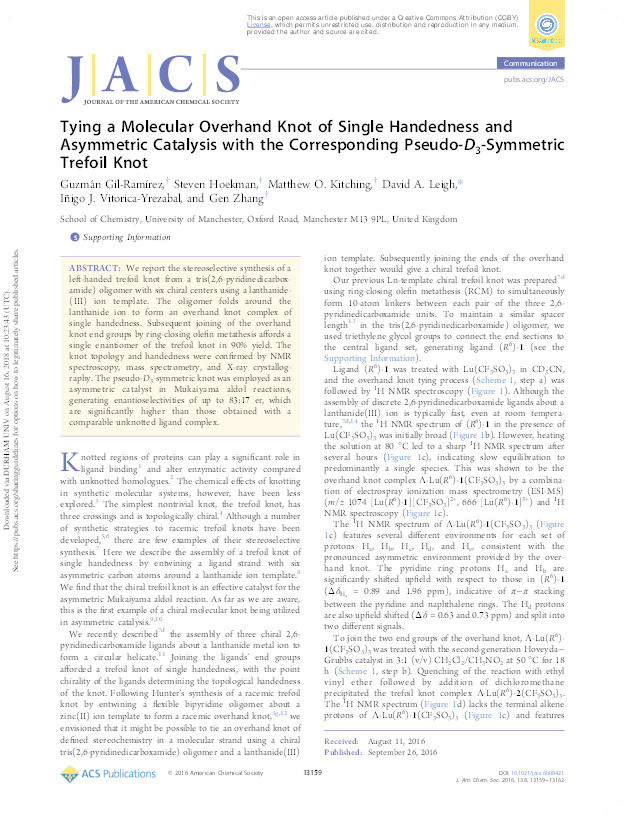 Tying a Molecular Overhand Knot of Single Handedness and Asymmetric Catalysis with the Corresponding Pseudo-D-3-Symmetric Trefoil Knot Thumbnail