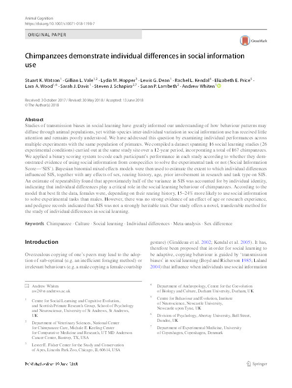 Chimpanzees demonstrate individual differences in social information use Thumbnail