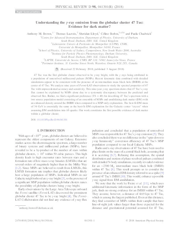 Understanding the γ-ray emission from the globular cluster 47 Tuc: Evidence for dark matter? Thumbnail