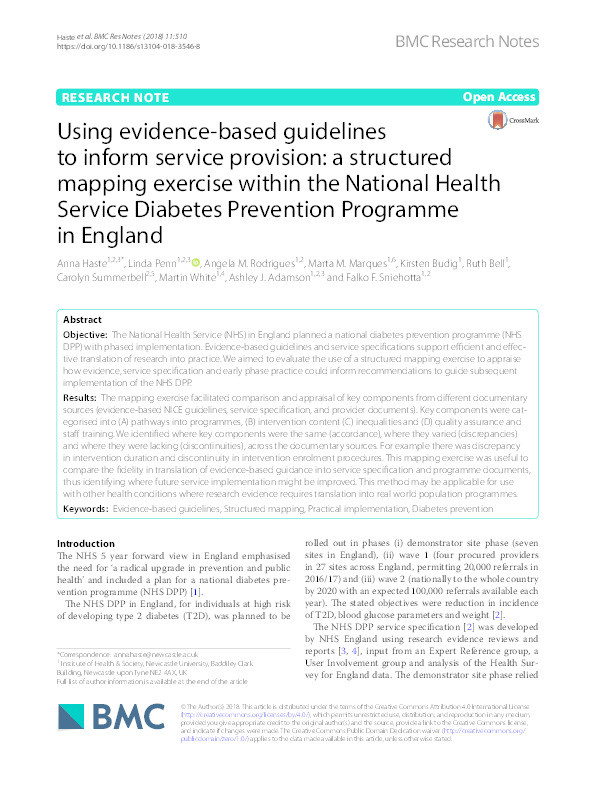 Using evidence-based guidelines to inform service provision: a structured mapping exercise within the National Health Service Diabetes Prevention Programme in England Thumbnail