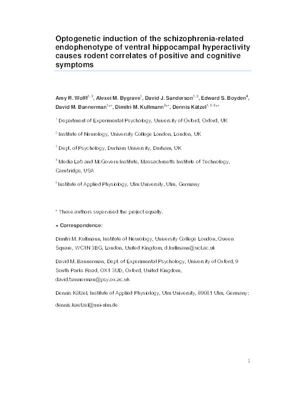 Optogenetic induction of the schizophrenia-related endophenotype of ventral hippocampal hyperactivity causes rodent correlates of positive and cognitive symptoms Thumbnail