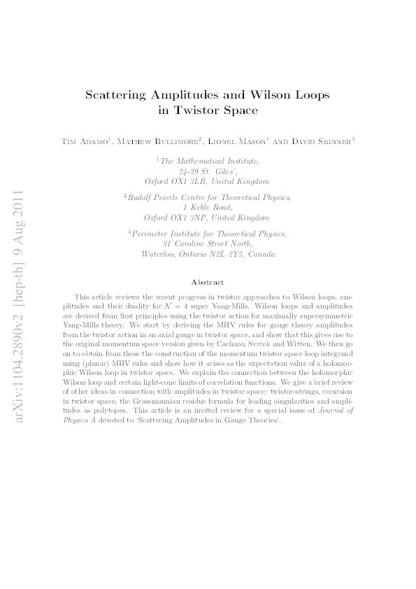 Scattering amplitudes and Wilson loops in twistor space Thumbnail