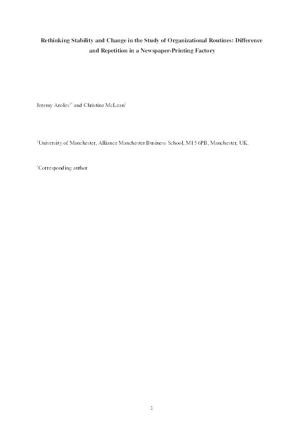 Rethinking Stability and Change in the Study of Organizational Routines: Difference and Repetition in a Newspaper-Printing Factory Thumbnail