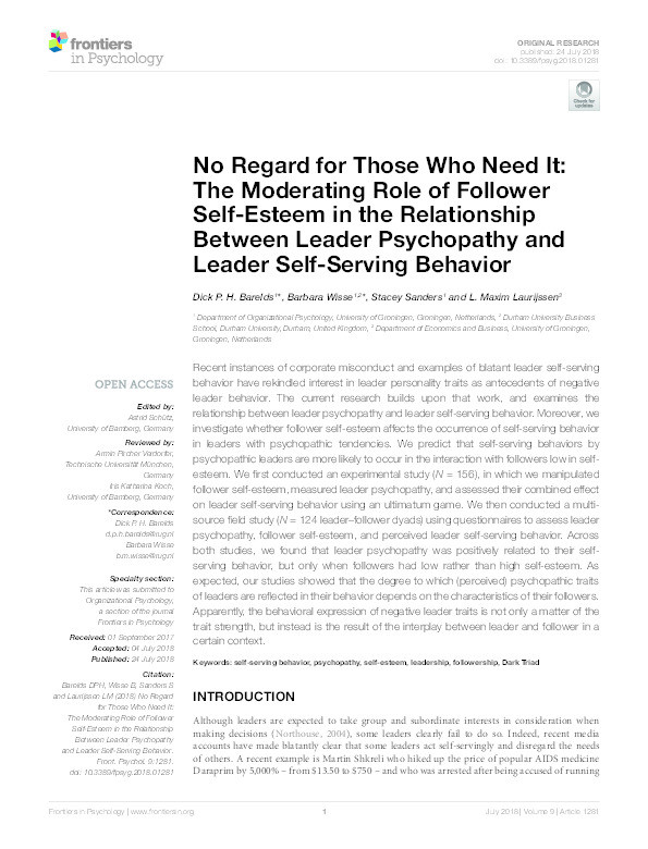 No Regard for Those Who Need It: The Moderating Role of Follower Self-Esteem in the Relationship Between Leader Psychopathy and Leader Self-Serving Behavior Thumbnail