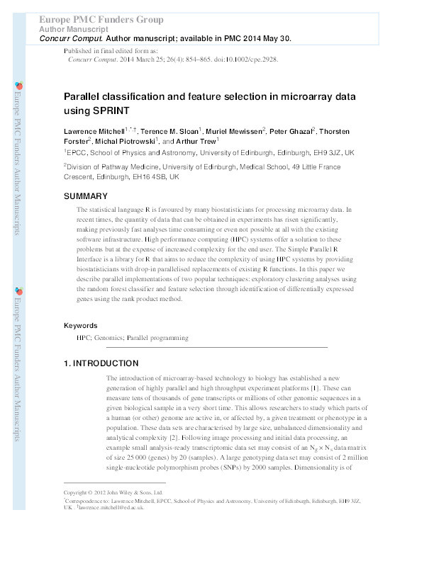Parallel classification and feature selection in microarray data using SPRINT Thumbnail