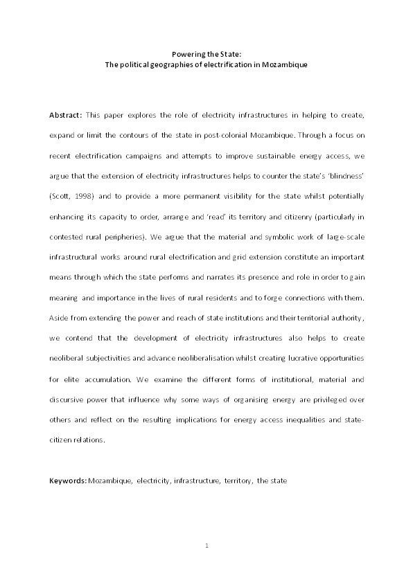 Powering the State: The political geographies of electrification in Mozambique Thumbnail