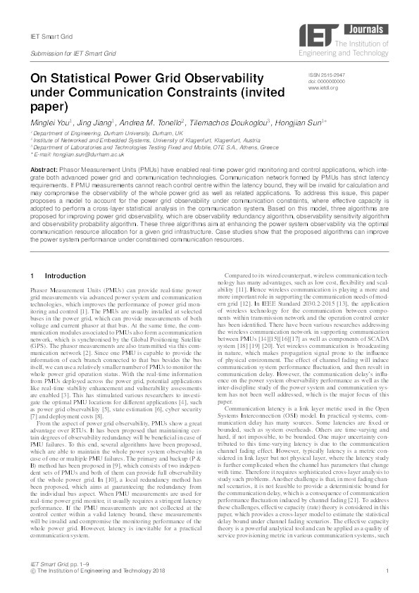 On Statistical Power Grid Observability under Communication Constraints Thumbnail