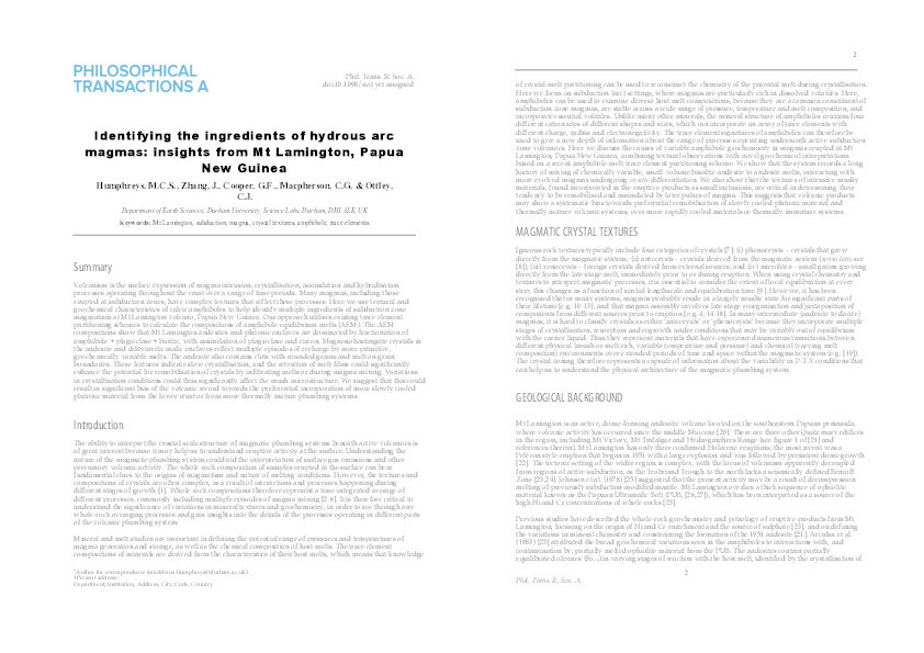 Identifying the ingredients of hydrous arc magmas: insights from Mt Lamington, Papua New Guinea Thumbnail