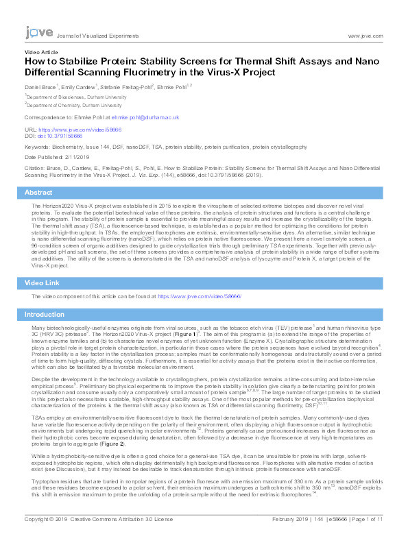 How to Stabilize Protein: Stability Screens for Thermal Shift Assays and Nano Differential Scanning Fluorimetry in the Virus-X Project Thumbnail