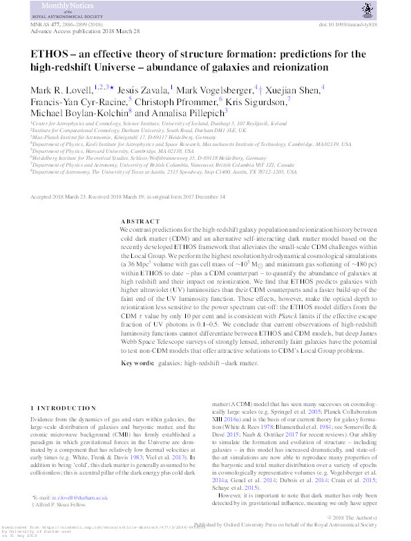 ETHOS – an effective theory of structure formation: predictions for the high-redshift Universe – abundance of galaxies and reionization Thumbnail