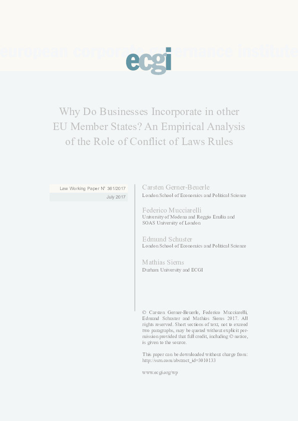 Why do businesses incorporate in other EU Member States? An empirical analysis of the role of conflict of laws rules Thumbnail