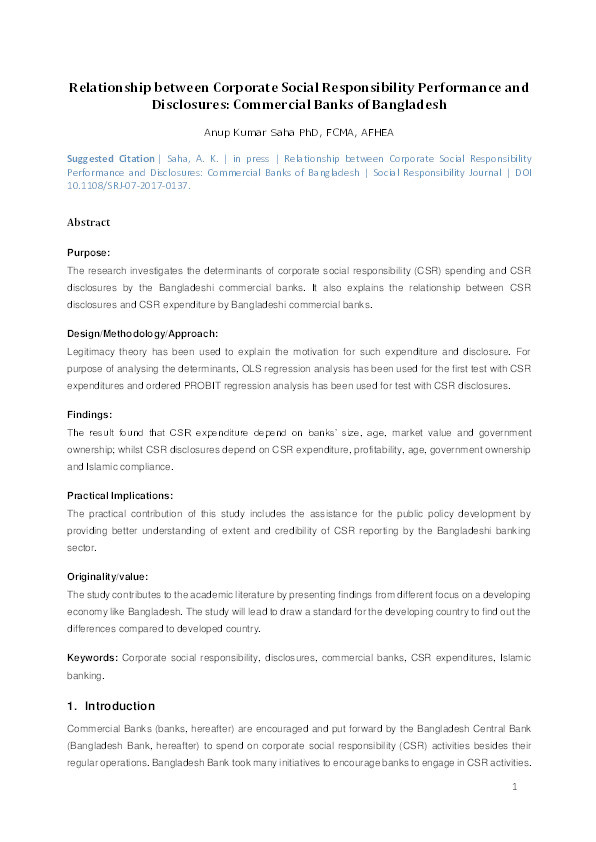 Relationship between Corporate Social Responsibility Performance and Disclosures: Commercial Banks of Bangladesh Thumbnail