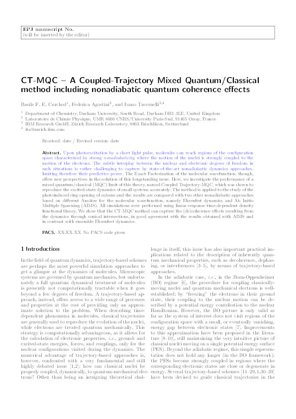 CT-MQC – A Coupled-Trajectory Mixed Quantum/Classical method including nonadiabatic quantum coherence effects Thumbnail