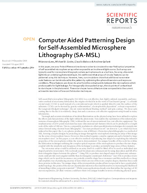 Computer Aided Patterning Design for Self-Assembled Microsphere Lithography (SA-MSL) Thumbnail