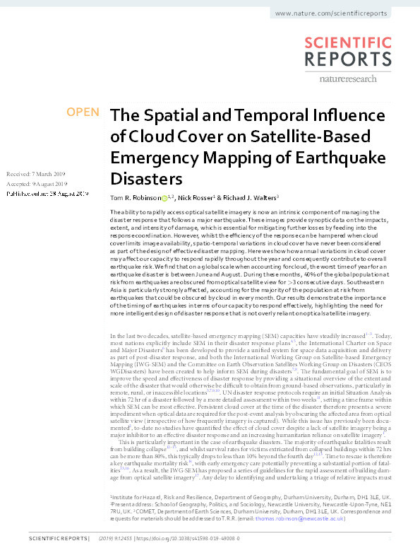The spatial and temporal influence of cloud cover on satellite-based emergency mapping of earthquake disasters Thumbnail