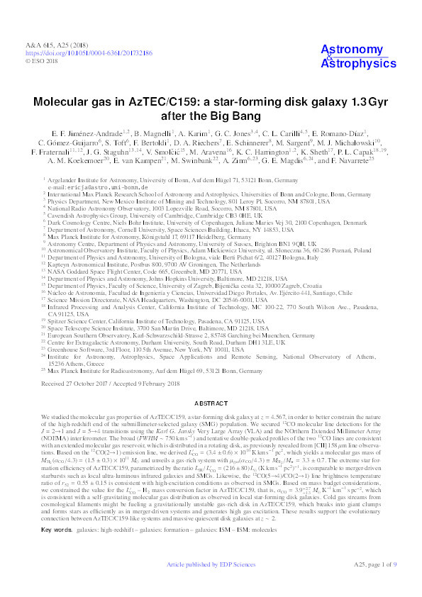 Molecular gas in AzTEC/C159: a star-forming disk galaxy 1.3 Gyr after the Big Bang Thumbnail