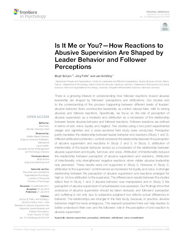 Is it me or you? – How reactions to abusive supervision are shaped by leader behavior and follower perceptions Thumbnail