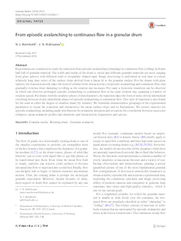 From episodic avalanching to continuous flow in a granular drum Thumbnail