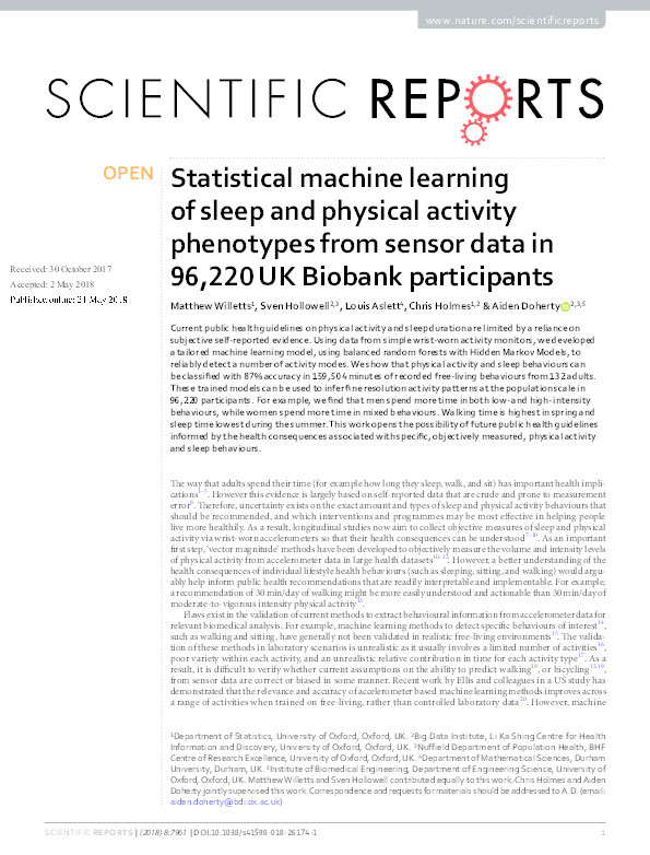 Statistical machine learning of sleep and physical activity phenotypes from sensor data in 96,220 UK Biobank participants Thumbnail