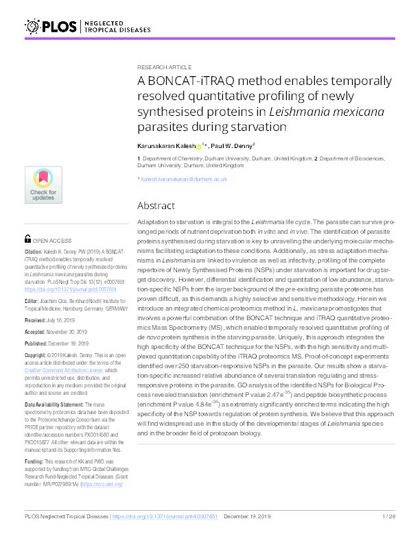 A BONCAT-iTRAQ method enables temporally resolved quantitative profiling of newly synthesised proteins in Leishmania mexicana parasites during starvation Thumbnail